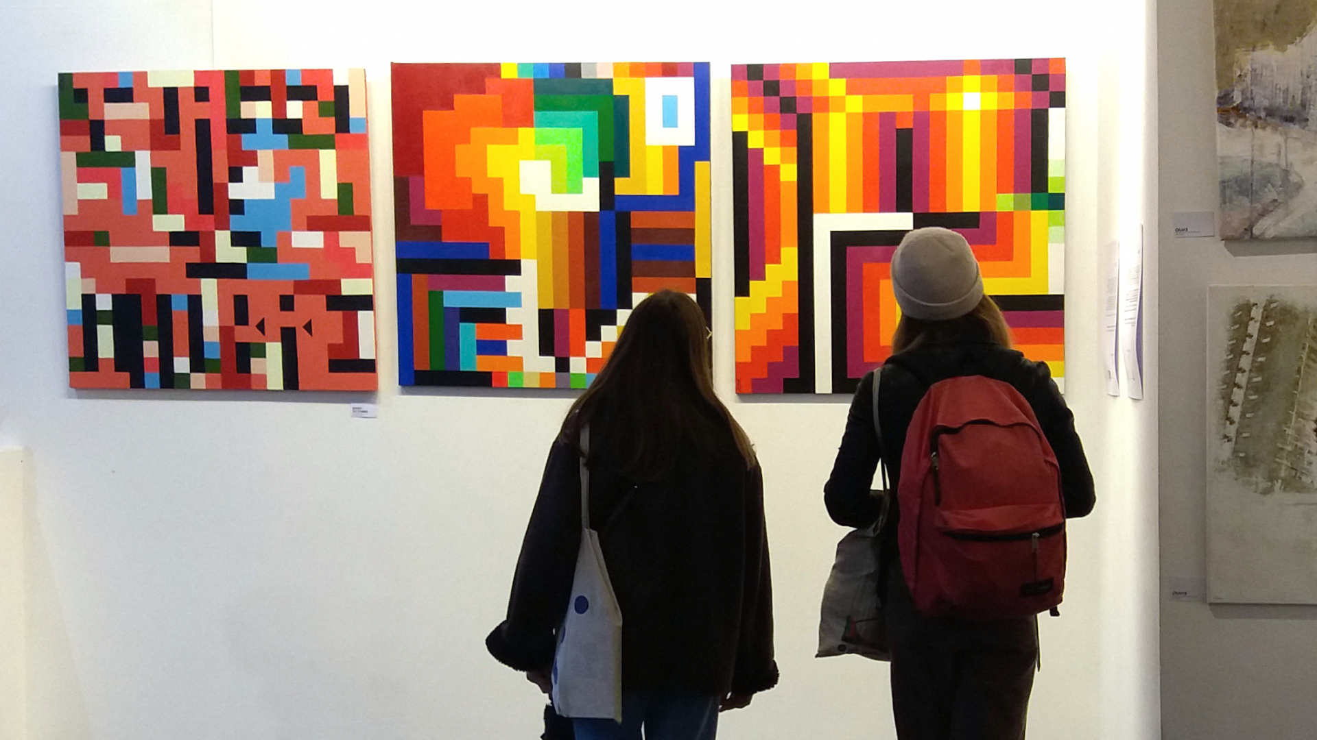 peinture triptyque abstraite avec carrées colorés